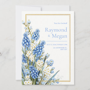 Invitation Muscari Bleu Fleur Blanche Cadre Doré Mariage