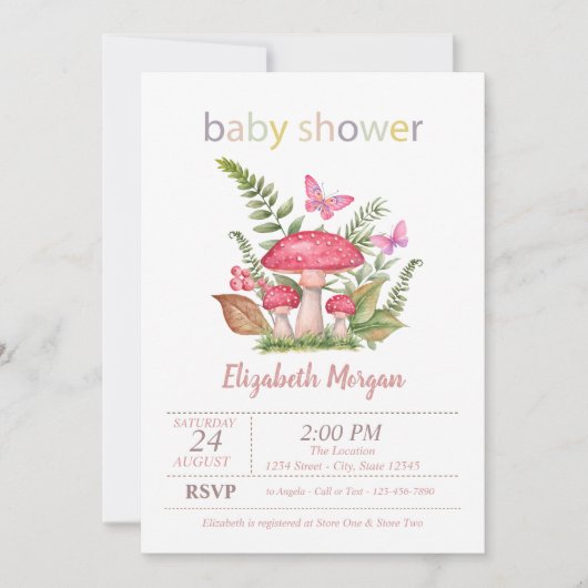 Invitation Mushrooms Papillons Points Baby Shower (Devant)