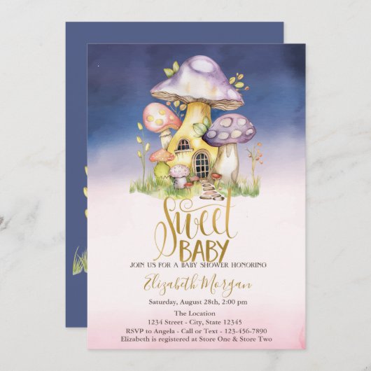 Invitation Mushrooms - Points Fleurs Ombre Baby shower (Devant / Derrière)