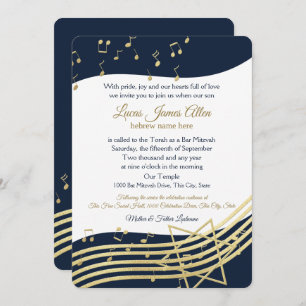 Invitation Music Bar Mitzvah Bleu et or avec changement de co