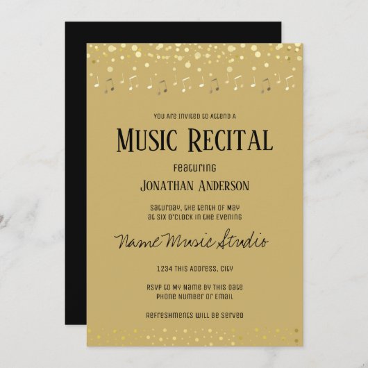 Invitation Music Considérant Elegant Gold Note Confetti  (Devant / Derrière)