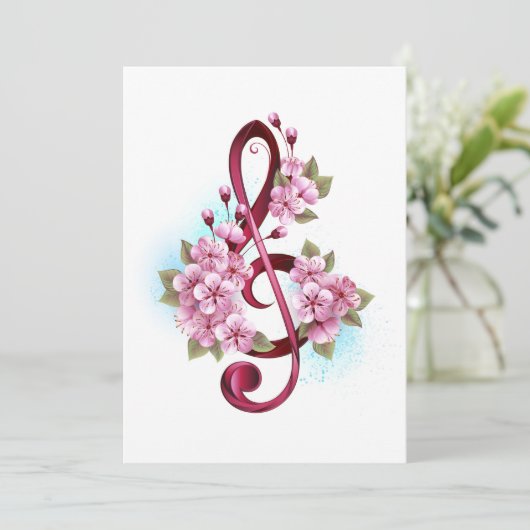 Invitation Musical treble clef notes with sakura flowers (Debout devant)