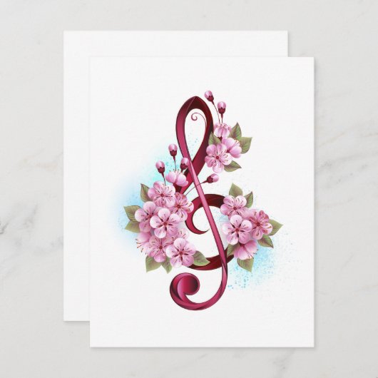 Invitation Musical treble clef notes with sakura flowers (Devant / Derrière)