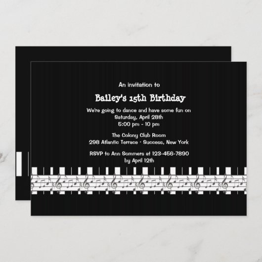 Invitation musicale à la fête d'anniversaire (Devant / Derrière)