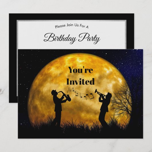 Invitation Musiciens Pleine lune Aquarelle Anniversaire (Devant / Derrière)