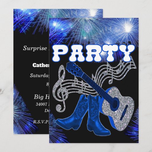 Invitation Musique Country Blue Guitar Et Bottes De Cow-boy (Devant / Derrière)