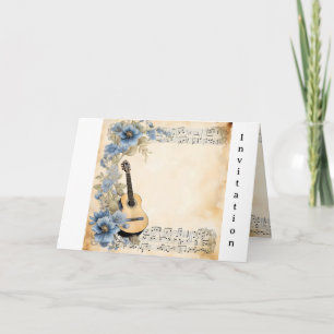 Invitation Musique de Guitare Notes Fleurs Bleu