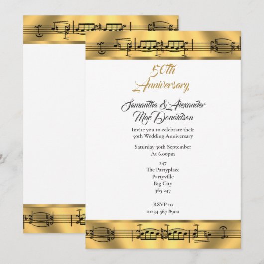 Invitation Musique dorée 50e anniversaire de mariage (Devant / Derrière)