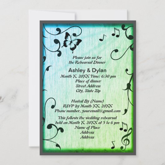 Invitation Musique Feuille vert Mariage en bois (Devant)