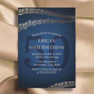 Invitation Musique Gold & Navy Blue 50e fête d'anniversaire