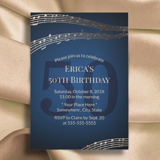 Invitation Musique Gold & Navy Blue 50e fête d'anniversaire