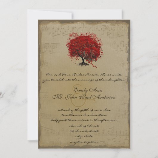 Invitation Musique Gold Rouge coeur Leaf Tree Mariage Invitat (Devant)