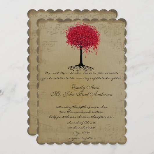 Invitation Musique Gold Rouge coeur Leaf Tree Mariage Invitat (Devant / Derrière)