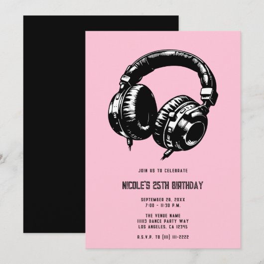 Invitation Musique Headphones Dance Party DJ Anniversaire (Devant / Derrière)