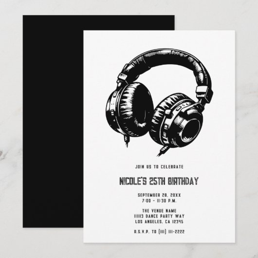 Invitation Musique Headphones Dance Party DJ Anniversaire (Devant / Derrière)