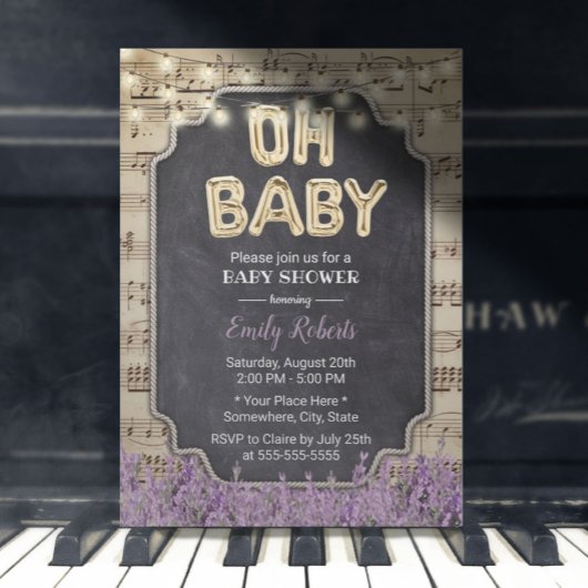 Invitation Musique Oh Baby shower Lavande Rustique Floral