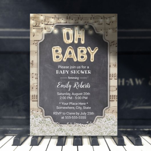 Invitation Musique Oh Baby shower Rustique Bébé's Breath Flor