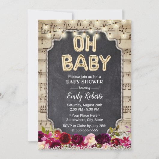 Invitation Musique Oh Baby shower Rustique Bourgogne Rouge Fl (Devant)