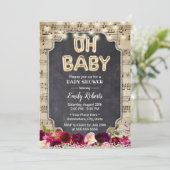 Invitation Musique Oh Baby shower Rustique Bourgogne Rouge Fl (Debout devant)
