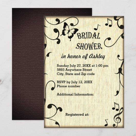 Invitation Musique, Papillon, Fête des mariées Feuille Tan Wo (Devant / Derrière)