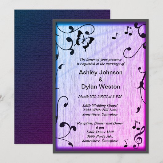 Invitation Musique Papillon Feuille Bleu & Purple Mariage Boi (Devant / Derrière)