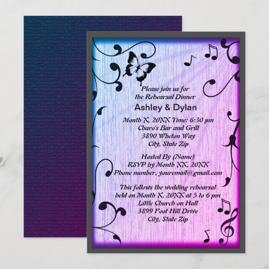 Invitation Musique Papillon Feuille Bleu & Purple Mariage Boi (Devant / Derrière)