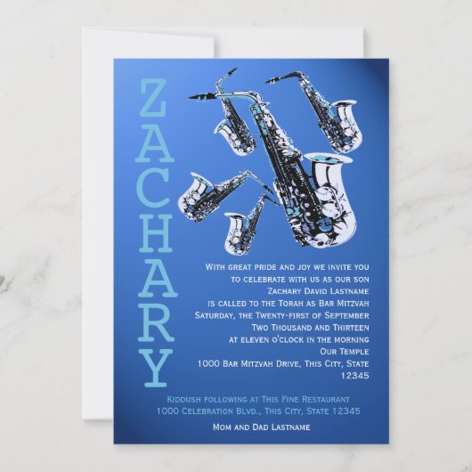 Invitation Musique saxophone Blue Bar Mitzvah (Devant)
