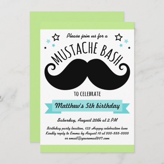 Invitation Mustache bash fête d'anniversaire citron vert aqua (Devant / Derrière)