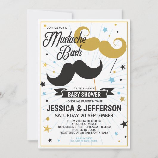 Invitation Mustache Bash Garçon bébé Faux Parties scintillant (Devant)