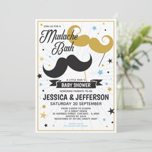 Invitation Mustache Bash Garçon bébé Faux Parties scintillant (Debout devant)