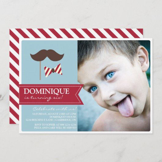 Invitation Mustache & Bow Cravate Photo Anniversaire Fête Inv (Devant / Derrière)