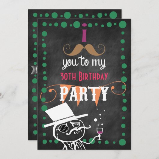 Invitation Mustache Chalkboard fête d'anniversaire (Devant / Derrière)