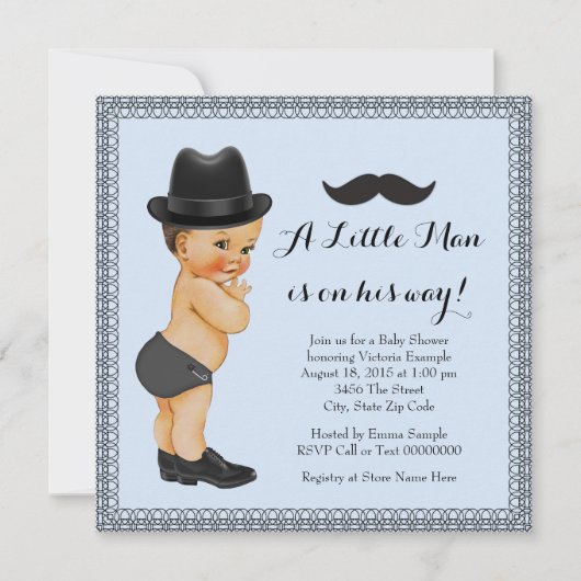 Invitation Mustache Little Man Bleu et Baby shower noir (Devant)