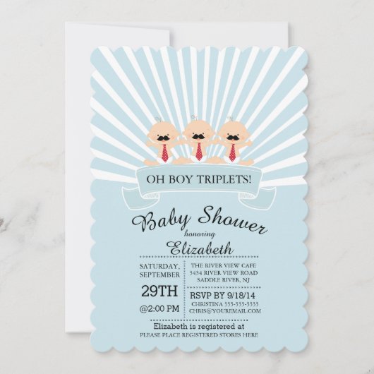 Invitation Mustache moderne Triplet Boy Baby shower Invitatio (Devant)