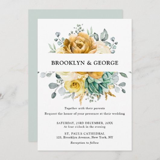 Invitation Mustard Jaune Floral Sage Vert Mariage moderne (Devant / Derrière)