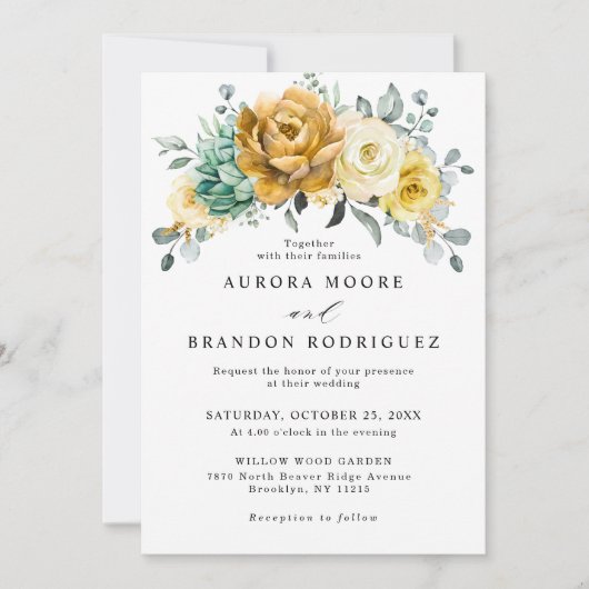 Invitation Mustard Jaune Floral Sage Vert Mariage moderne (Devant)