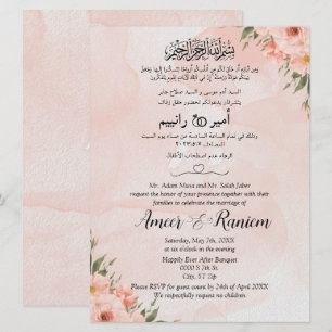 Invitation Musulman Arabe Anglais Floral Rose Aquarelle