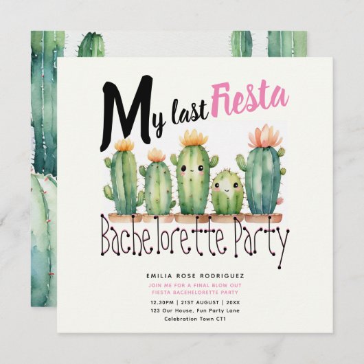 Invitation My Dernier Fiesta Bachelorette Party Cactus thème (Devant / Derrière)
