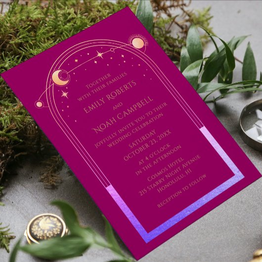 Invitation Mysic Chic Magenta Rose Rainbow Star Moon Photo