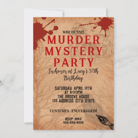 Invitation mystère de meurtre whodunit partie sanglante 40e 5 (Devant)