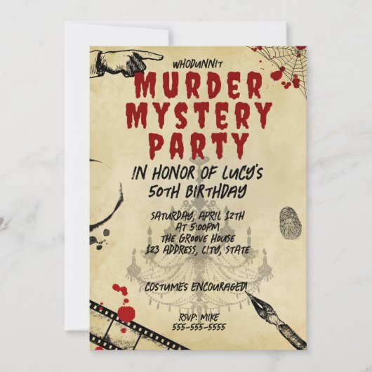 Invitation mystère de meurtre whodunit partie sanglante 40e 5 (Devant)