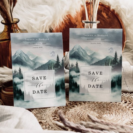 Invitation Mysterious Foggy Mountain Forest Save the Date