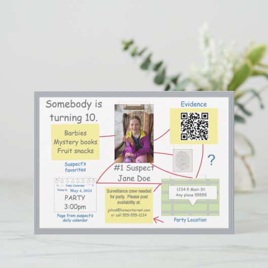 Invitation Mystery Crime solutionner la preuve Commission QR (Debout devant)