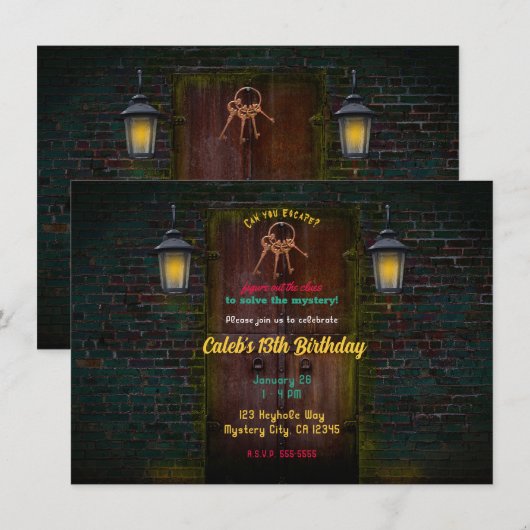 Invitation Mystery Door Room Escape Anniversaire  (Devant / Derrière)
