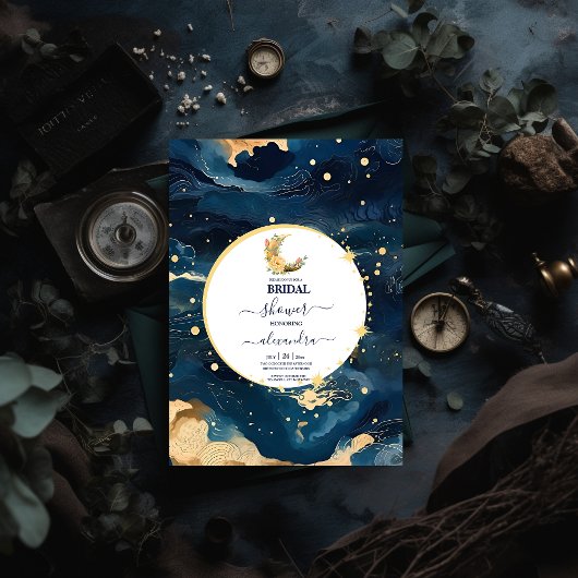 Invitation Mystic Midnight Blue et Gold Watercolor Bride