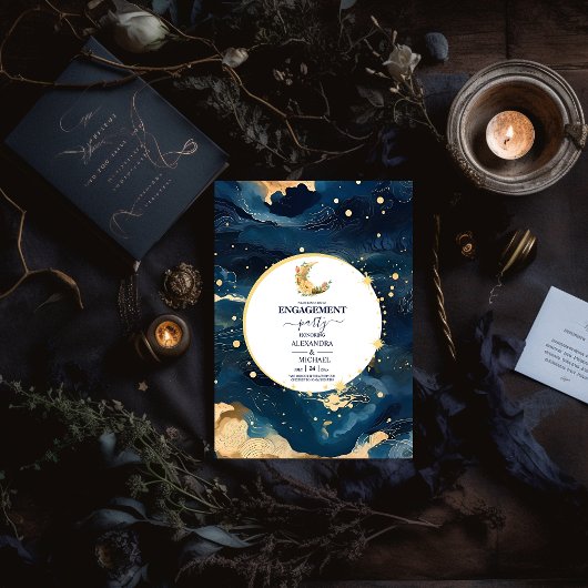 Invitation Mystic Midnight Blue Gold Fiançailles