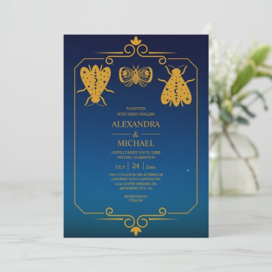 Invitation Mystical Blue Gold Celestial Stars Mariage (Debout devant)