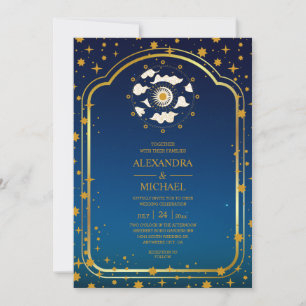 Invitation Mystical Blue Gold Celestial Stars Mariage Invita
