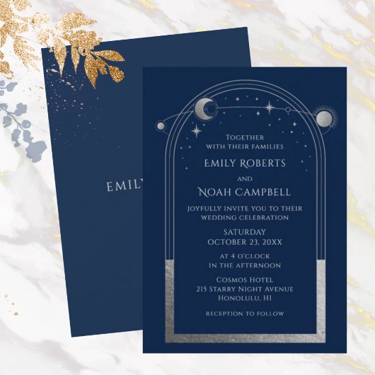Invitation Mystical Blue Silver Sun Star Moon