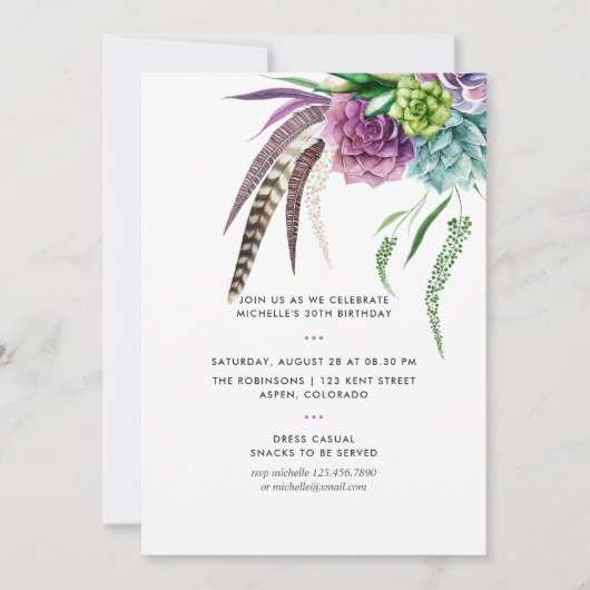 Invitation Mystical Boho aquarelle Succulente fête d'annivers (Devant)